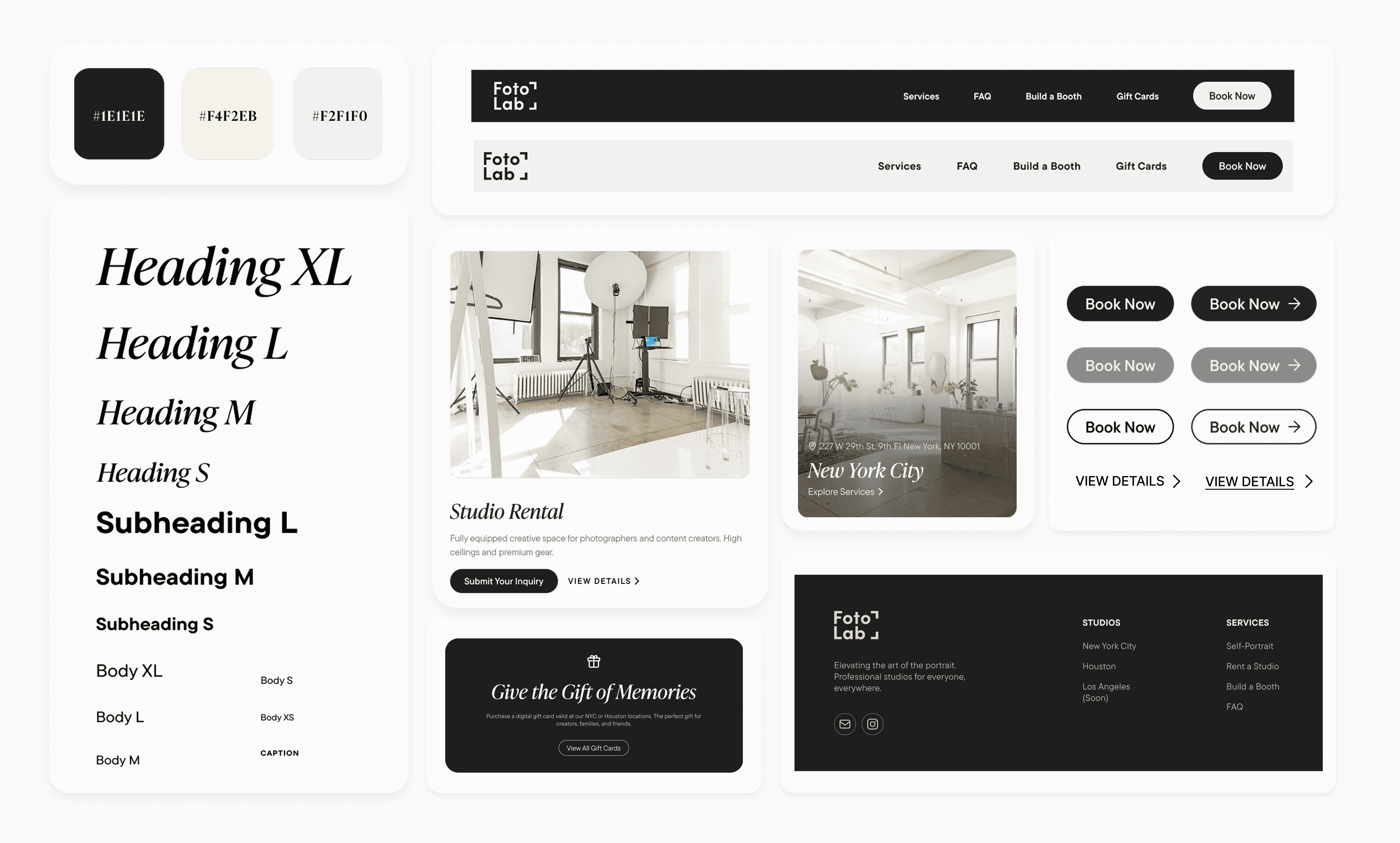 FotoLab design system: type scale, buttons, cards, and page components