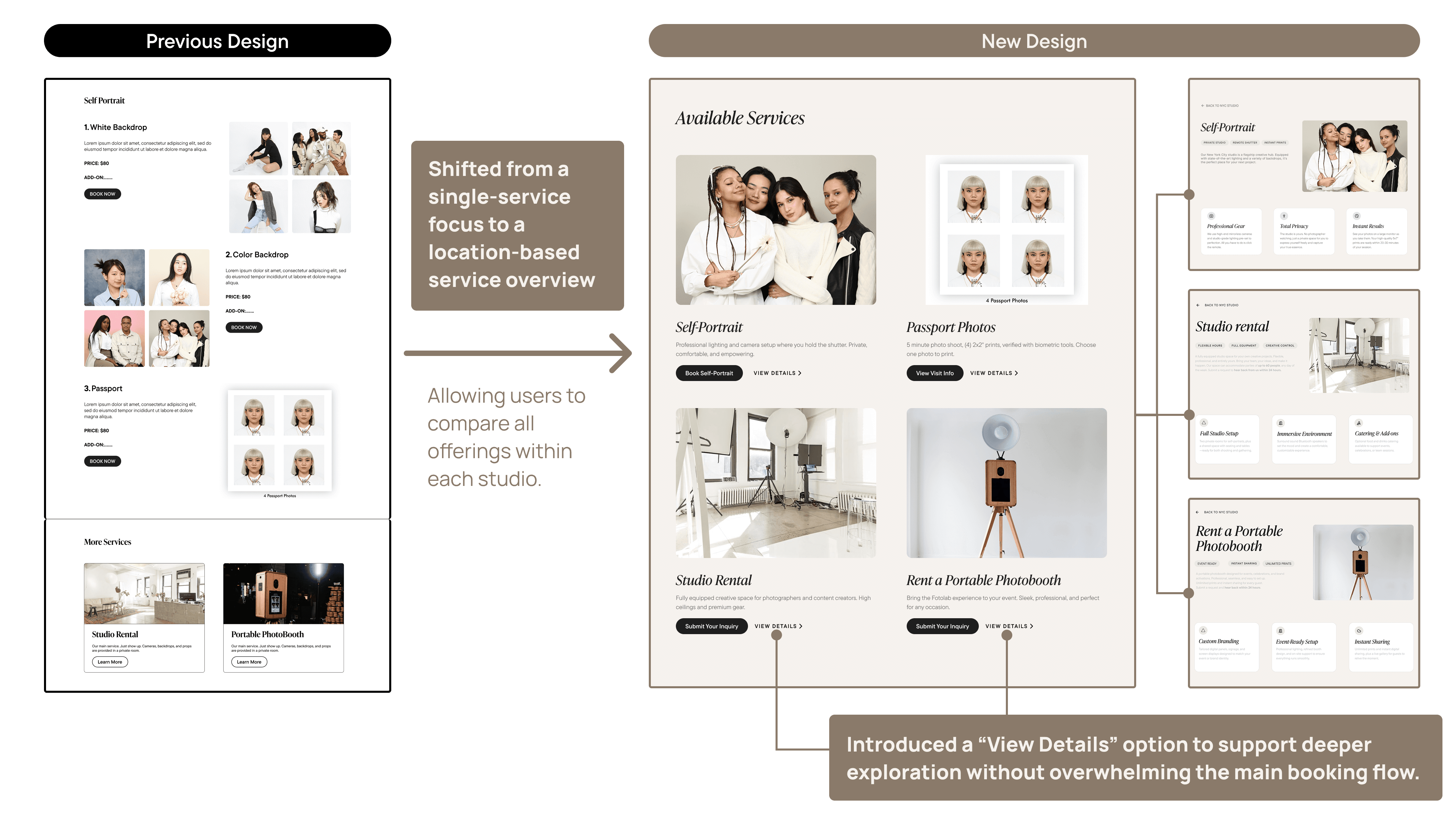 Previous single-service page beside the new location-based service overview, with View Details pages for each service