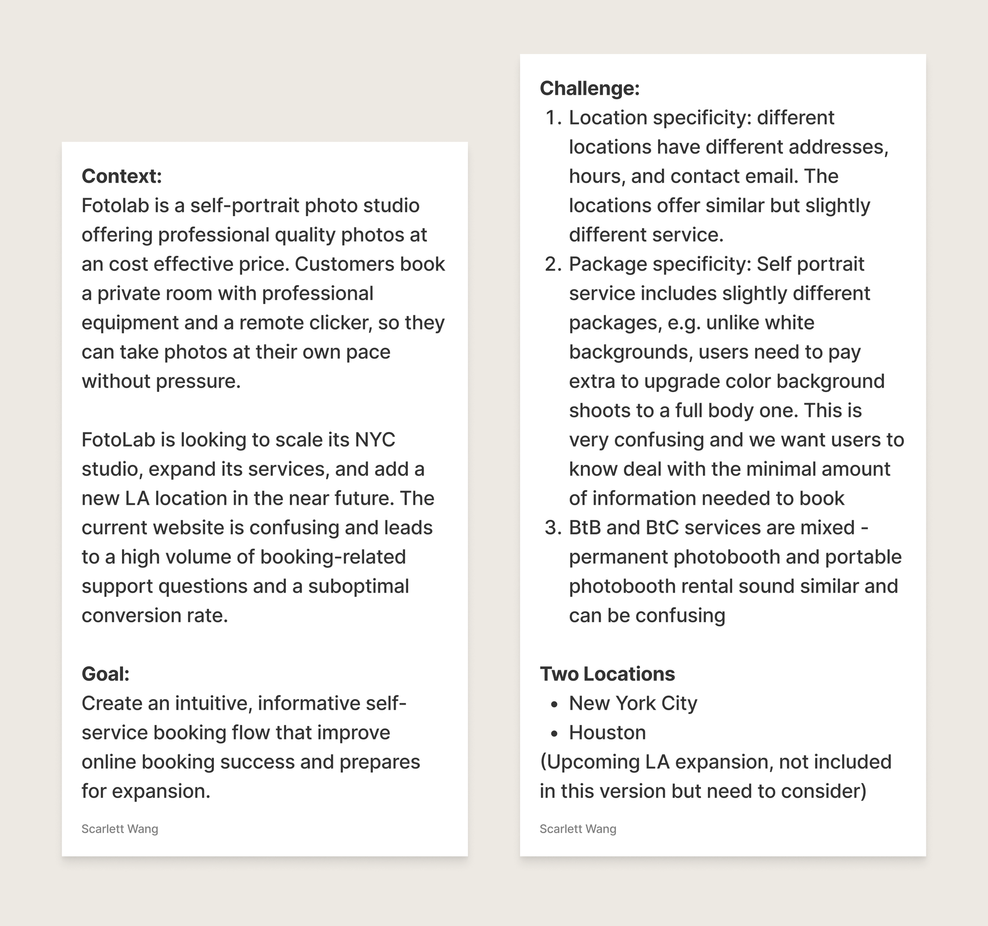 Excerpt from the PRD: context, goal, and the three booking challenges