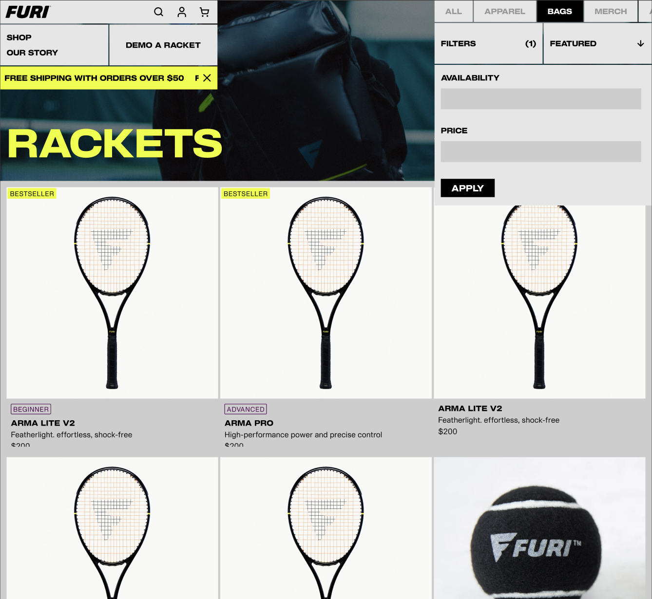 Shop filter panel open at one third of the screen width