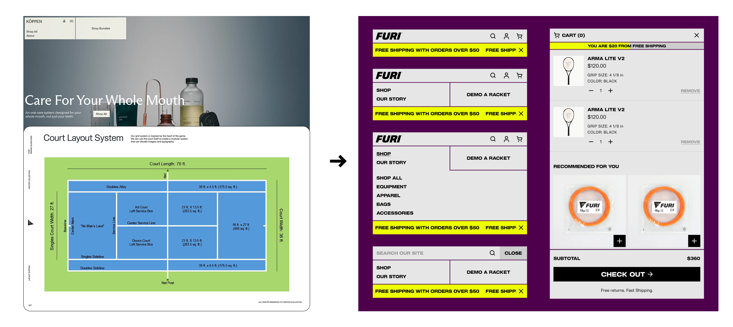 Floating navigation design built on the tennis-court grid from the brand book