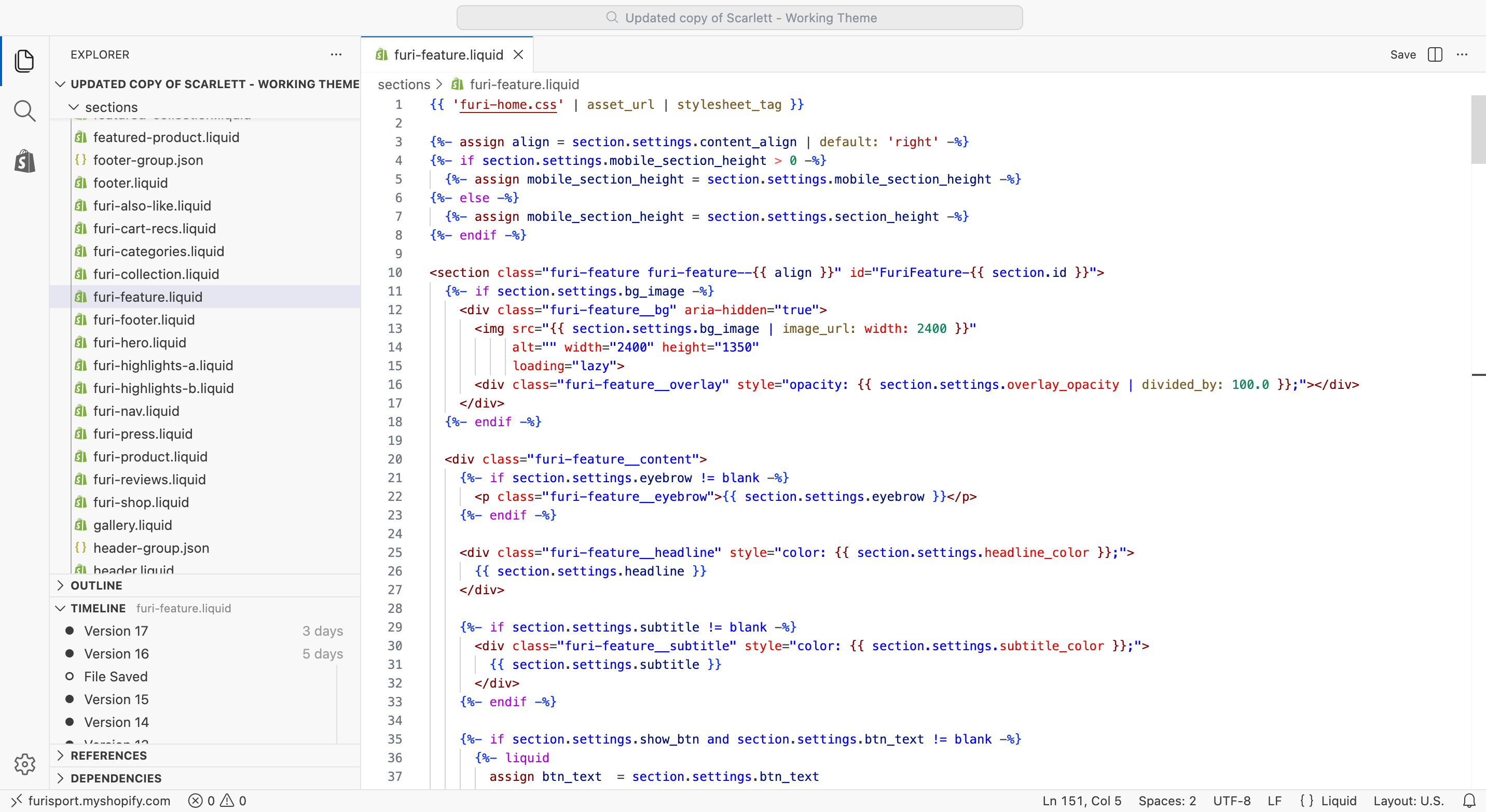 FURI theme sections in the Shopify admin