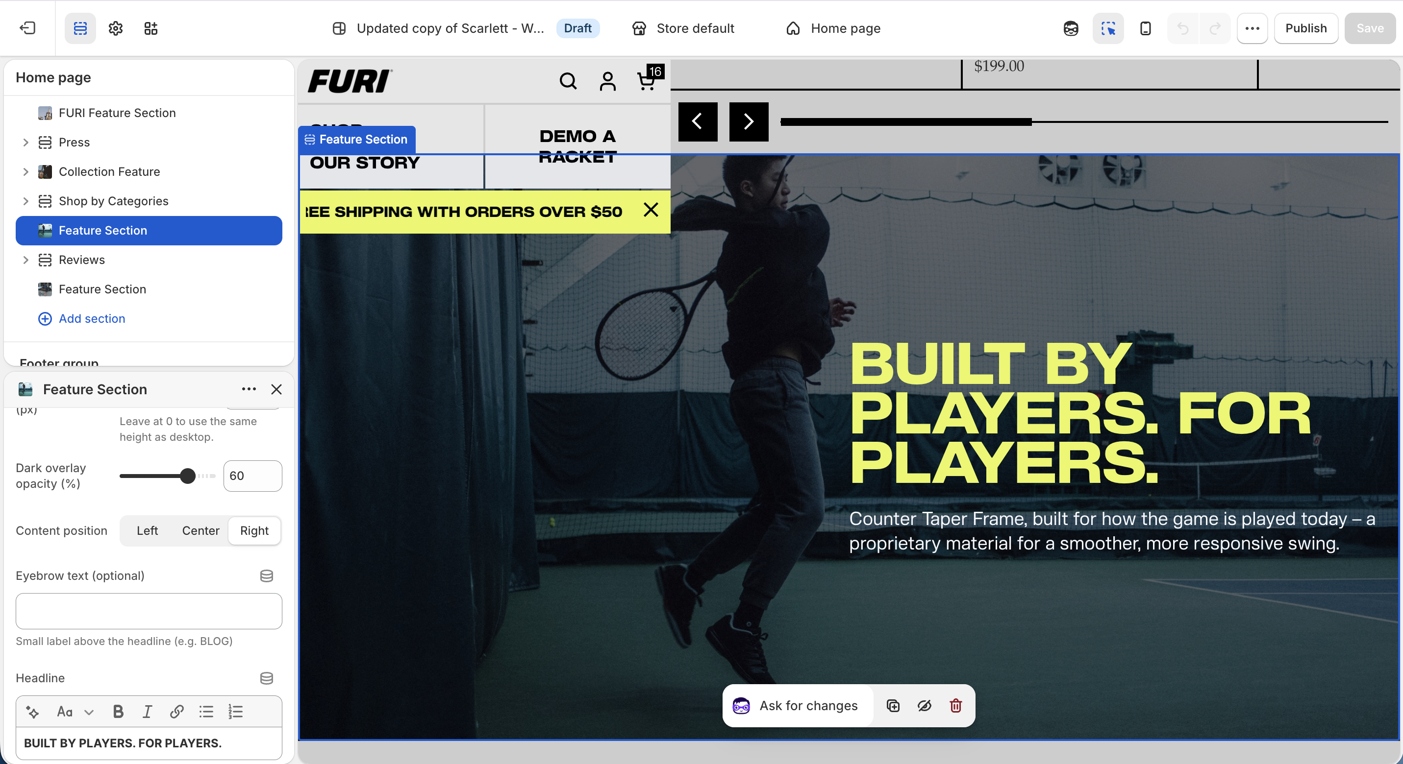 Shopify theme editor with FURI's editable sections