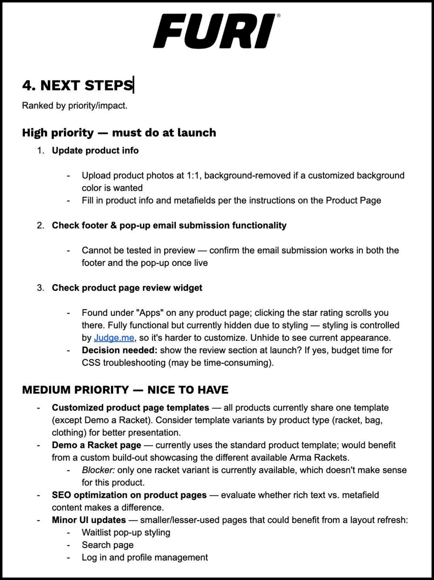 The Next Steps page of the FURI handoff document, with high and medium priority tasks