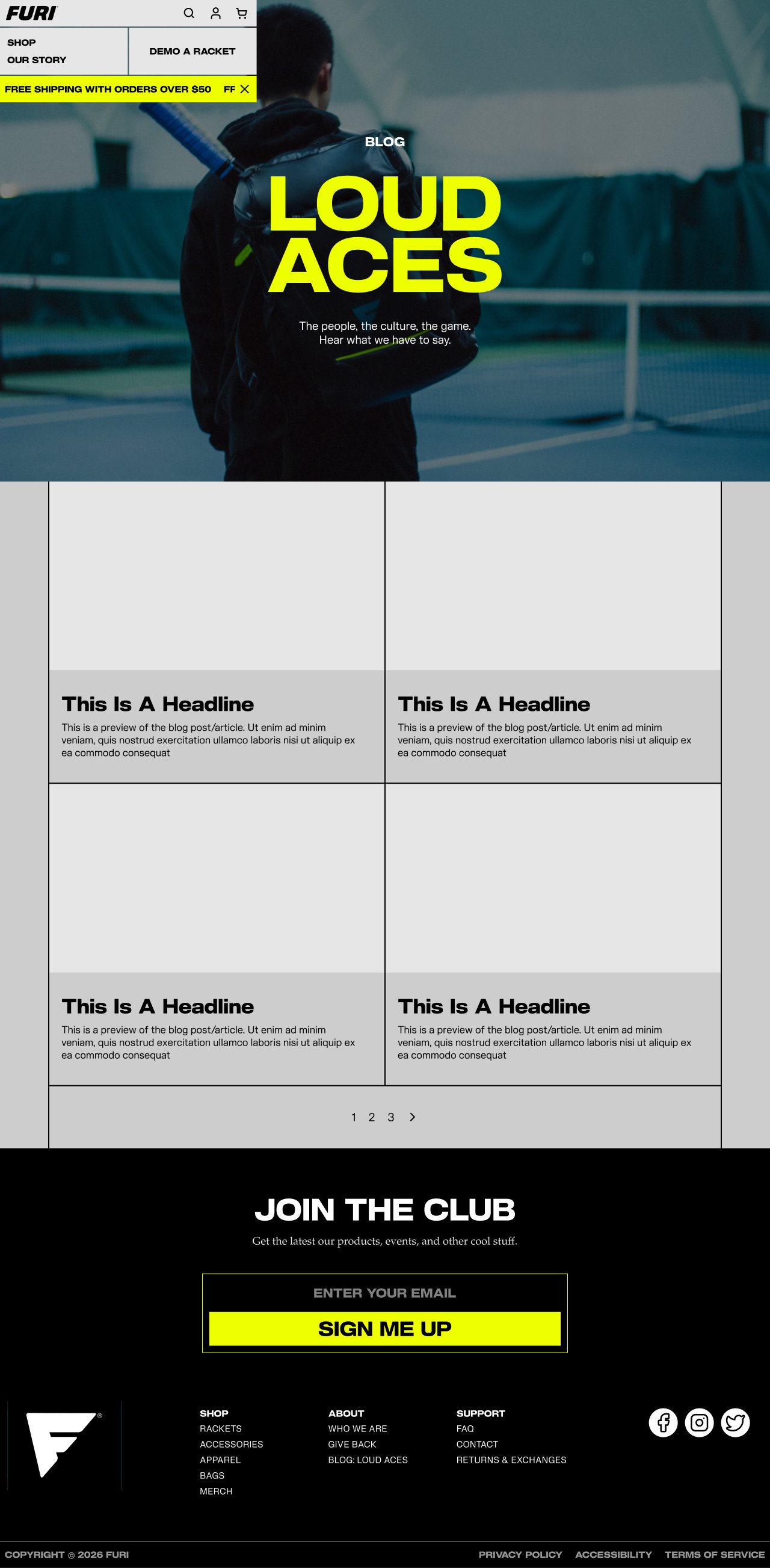 Full blog page design for Loud Aces with a post grid