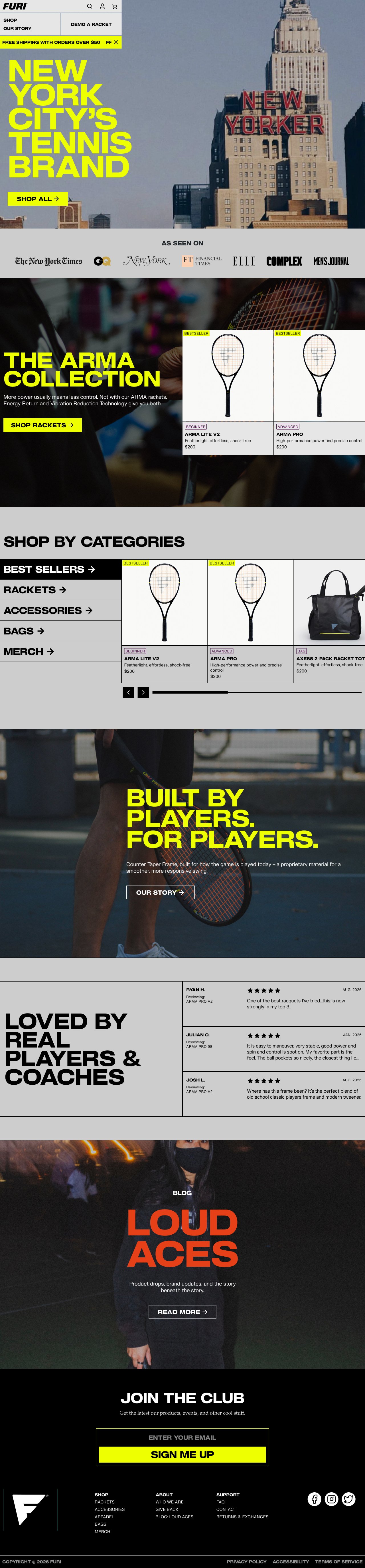 Full home page design: hero, press logos, Arma collection, shop by categories, brand story, reviews, blog callout, and footer