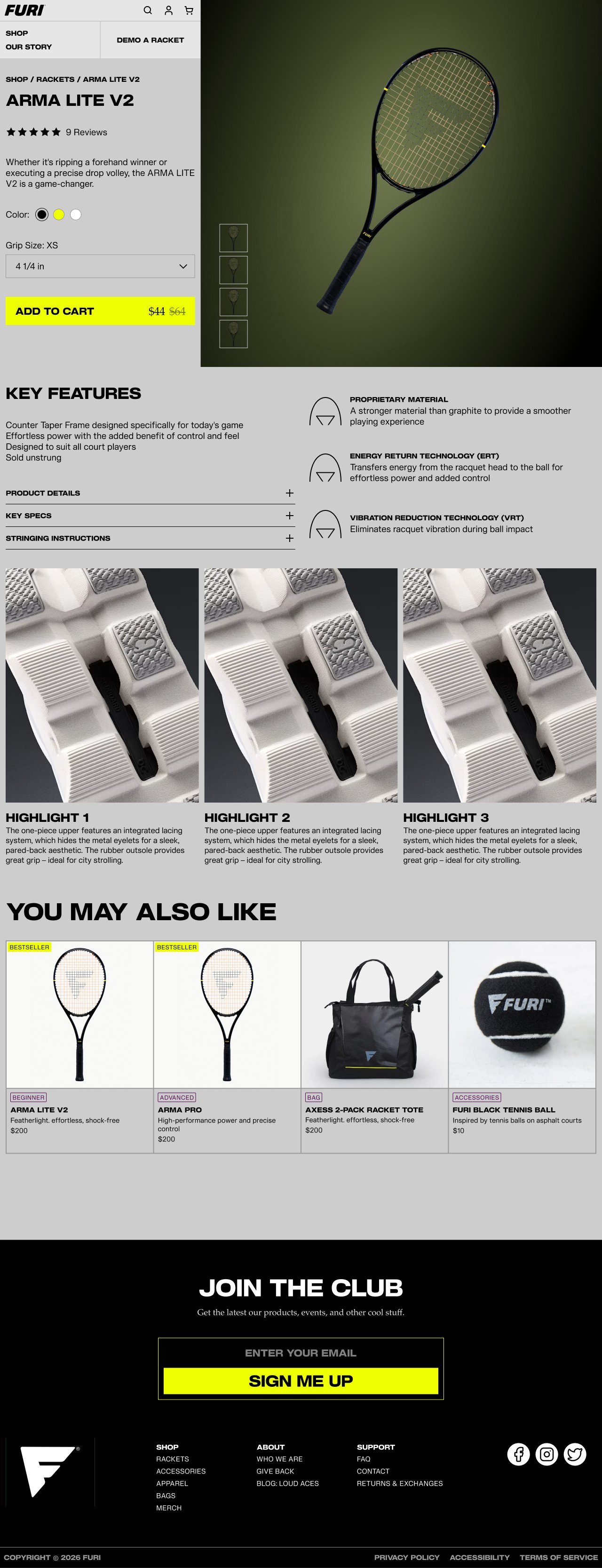 Full product page design: gallery, variant picker, key features, highlights, and recommendations