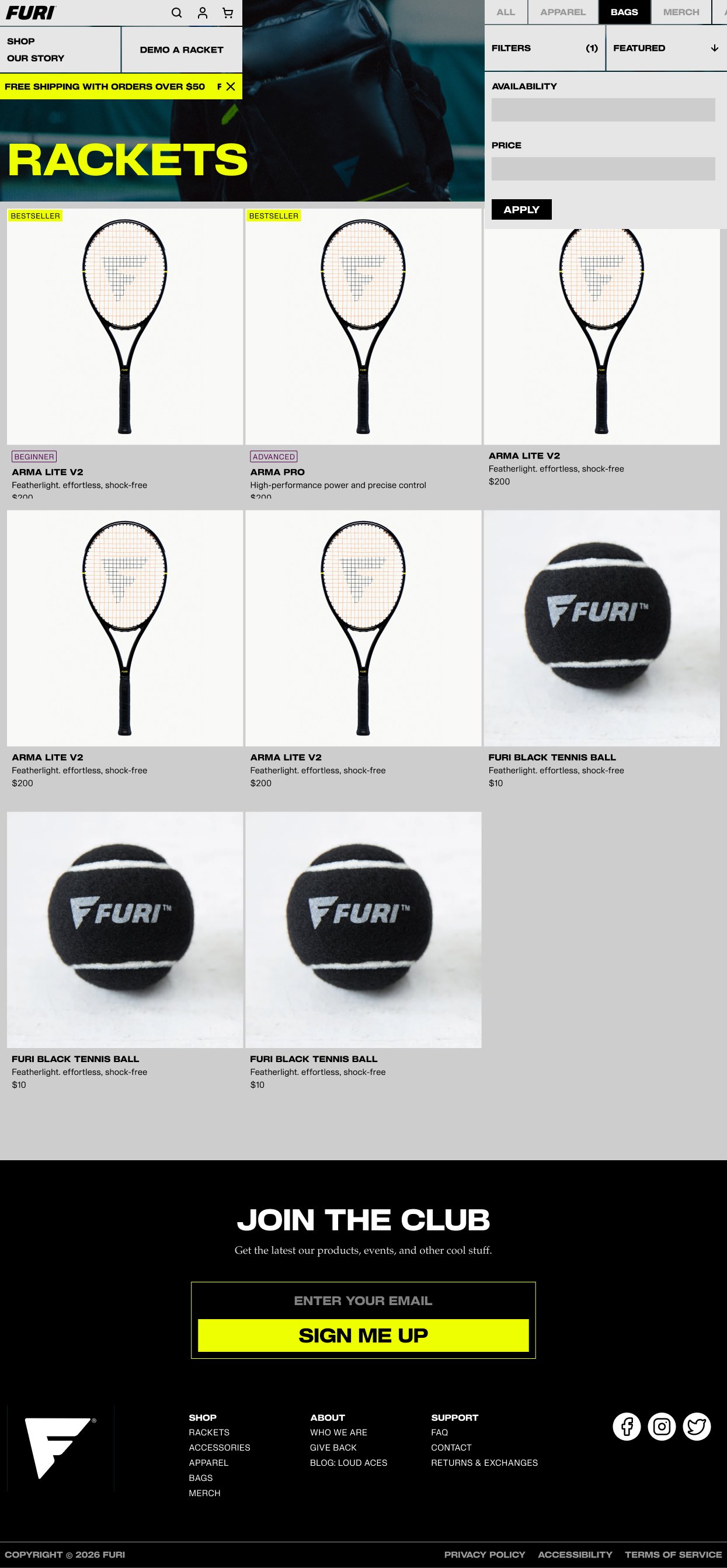 Full shop page design with floating filters and the product grid